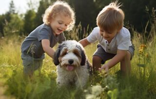Children playing with a Mini Bernedoodle