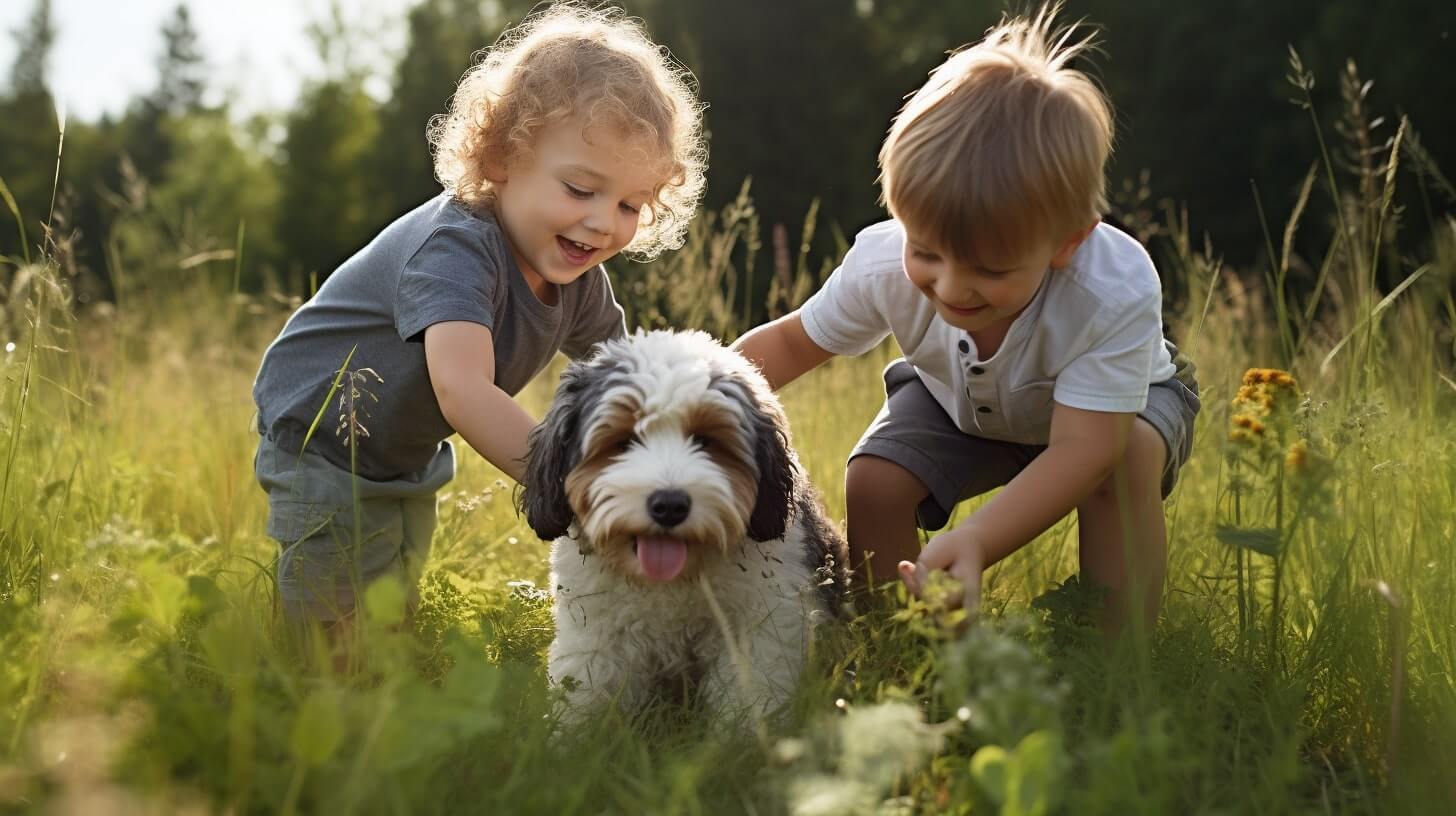 Children playing with a Mini Bernedoodle