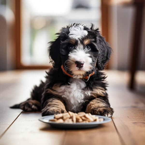 a Bernedoodle puppy eating dog food