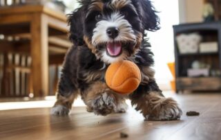 a Bernedoodle puppy playing with a ball