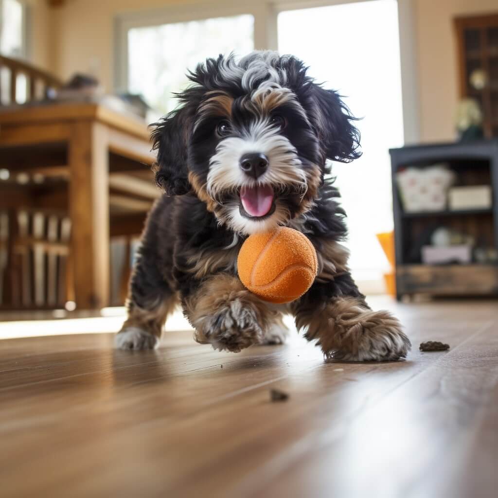 a Bernedoodle puppy playing with a ball