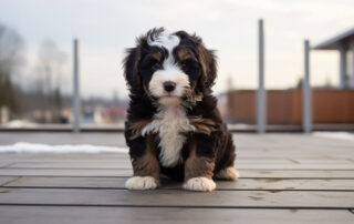 a Bernedoodle puppy standing on a porch