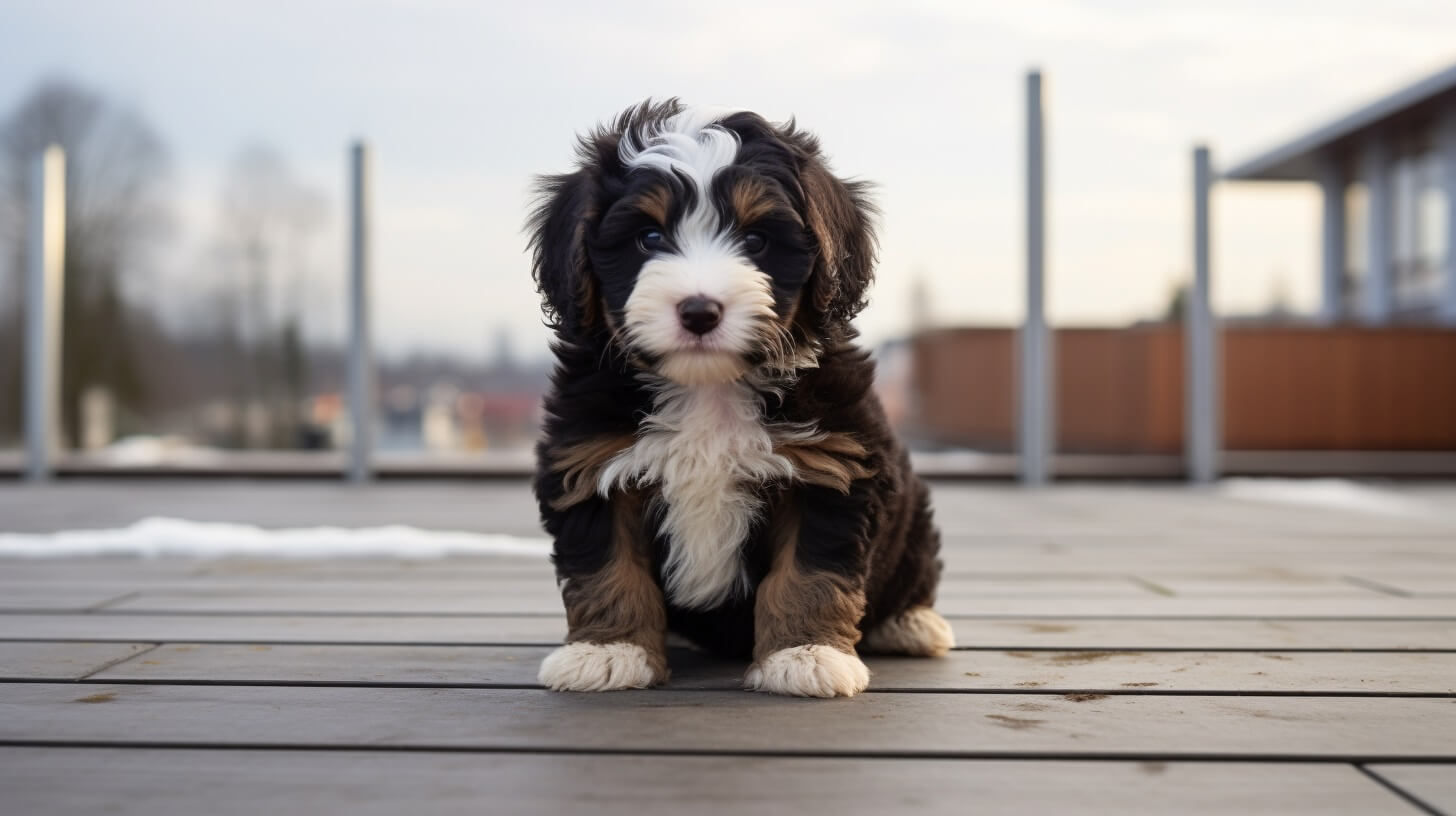 a Bernedoodle puppy standing on a porch