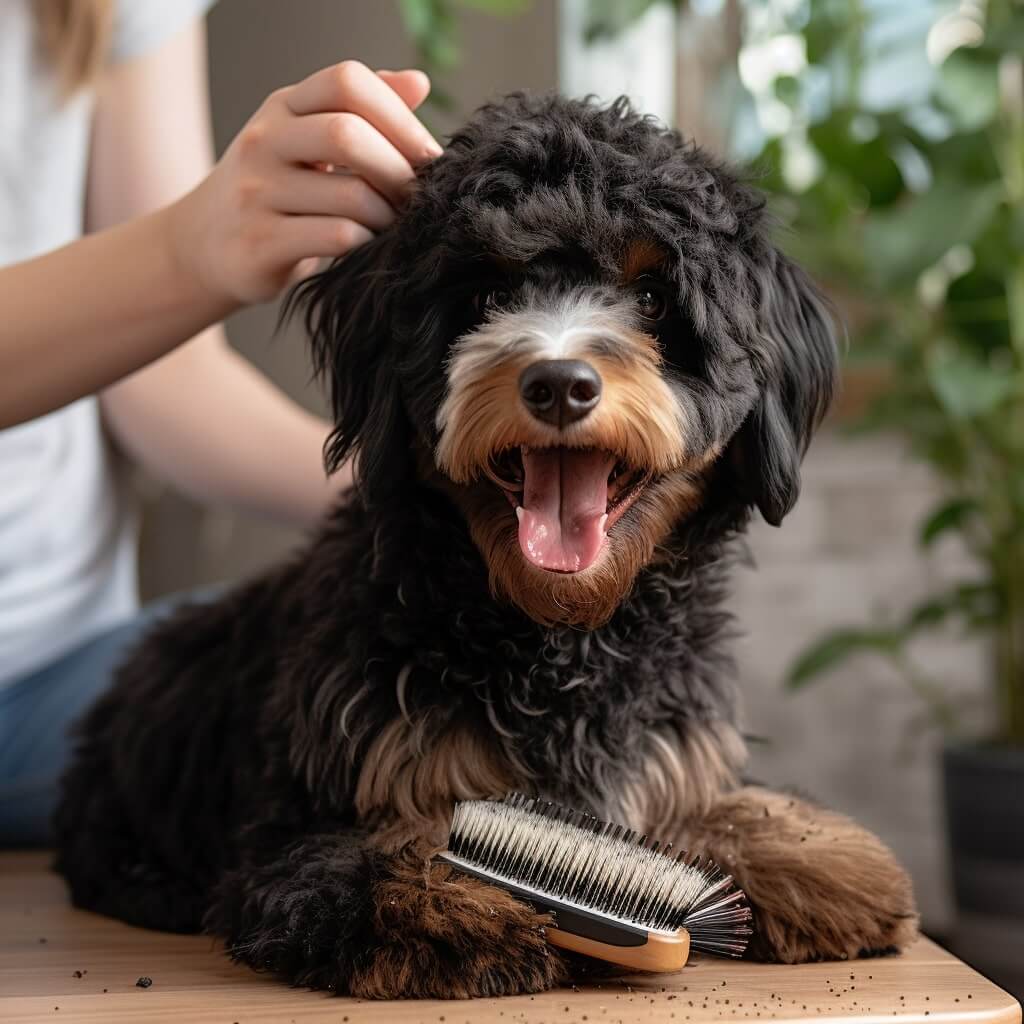 a woman grooms her bernedoodle with a brush