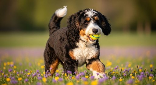 Adult tricolor bernedoodle walking Adult tricolor Bernedoodle walking through a field of yellow and purple wildflowers with a tennis ball in its mouth, looking content and playful in the golden light.