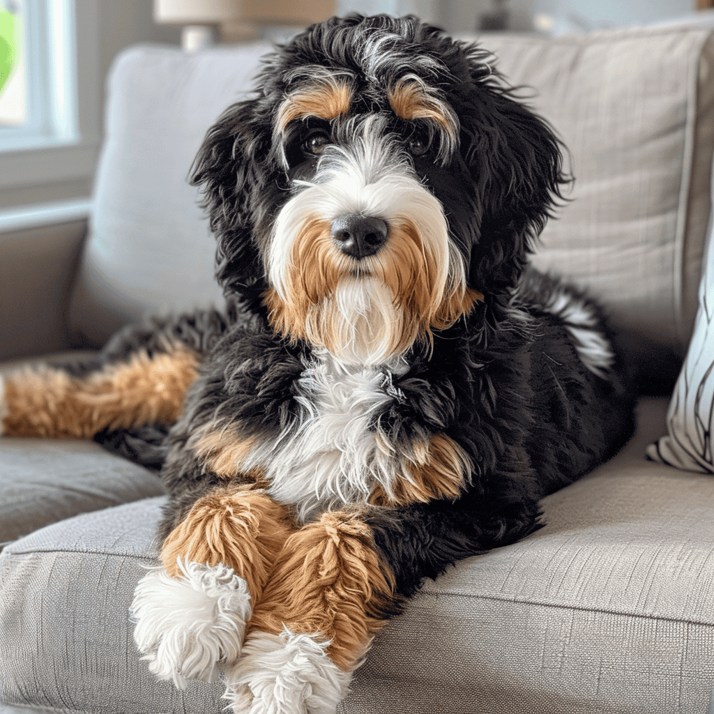 bernedoodle laying on a sofa