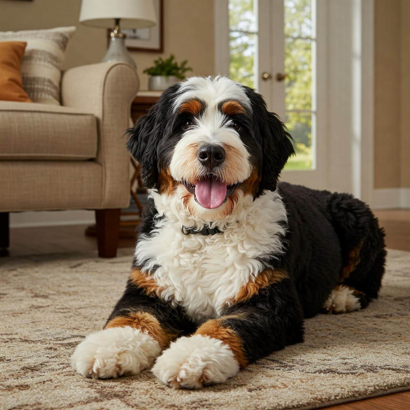 F1B Bernedoodle lying on carpet F1B Bernedoodle lying on a carpet