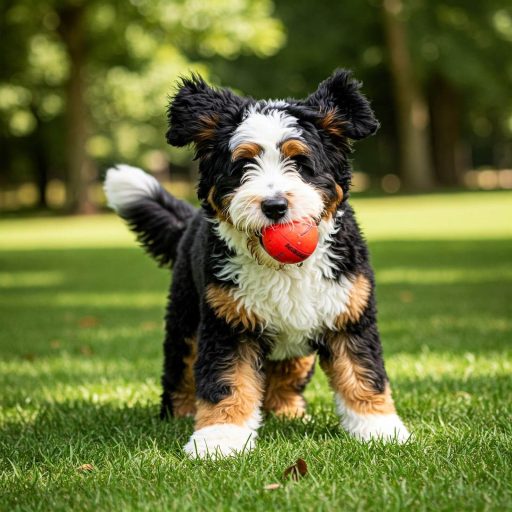 Bernedoodle playing in the garden