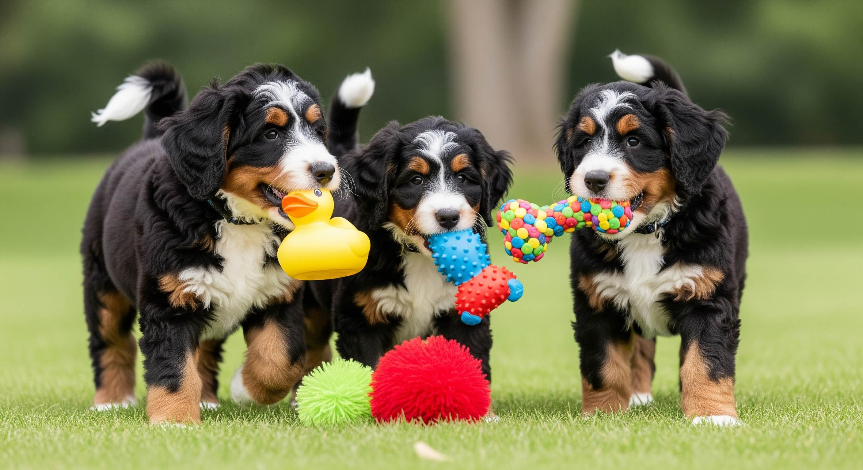 Bernedoodle puppies standing on grass, each holding a colorful toy in their mouth, including a rubber duck, a spiked ball, and a multicolored bone-shaped chew toy.