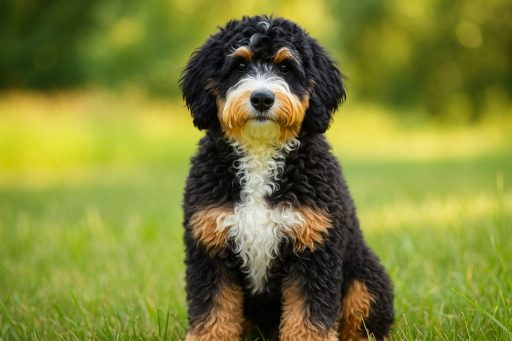a furnished bernedoodle sitting on grass