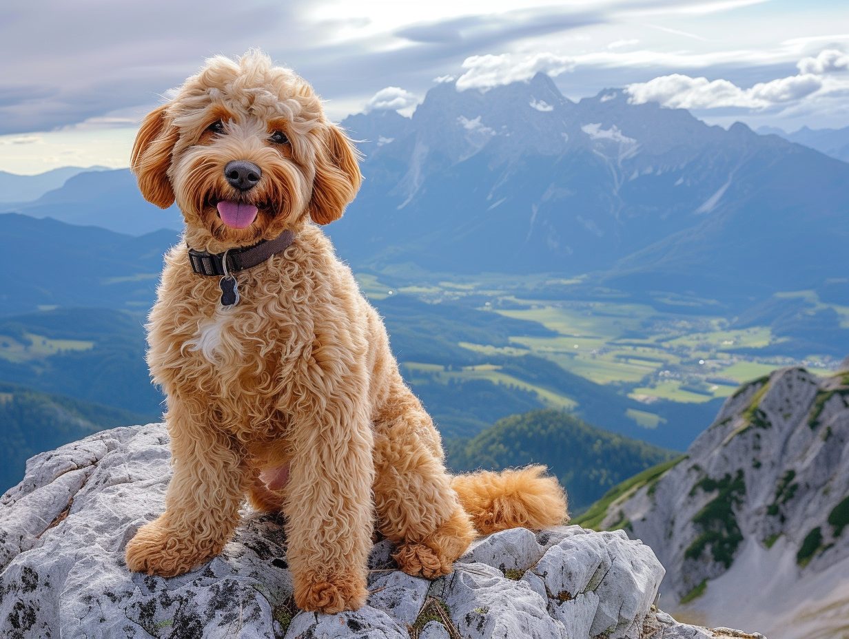goldendoodle-sitting-on-a-mountain goldendoodle sitting on a mountain