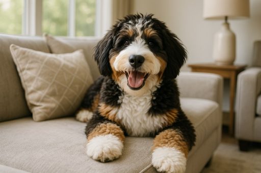 happy Bernedoodle relaxing in a cozy home setting, showcasing its friendly temperament and fluffy coat.