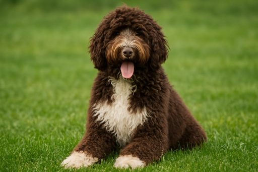 A large brown and white Newfypoo with a shaggy curly coat sits on green grass outdoors, looking directly at the camera with its tongue out.