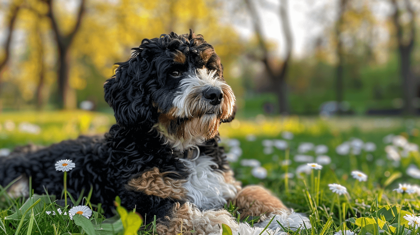 a medium bernedoodle puppy sitting in the grass