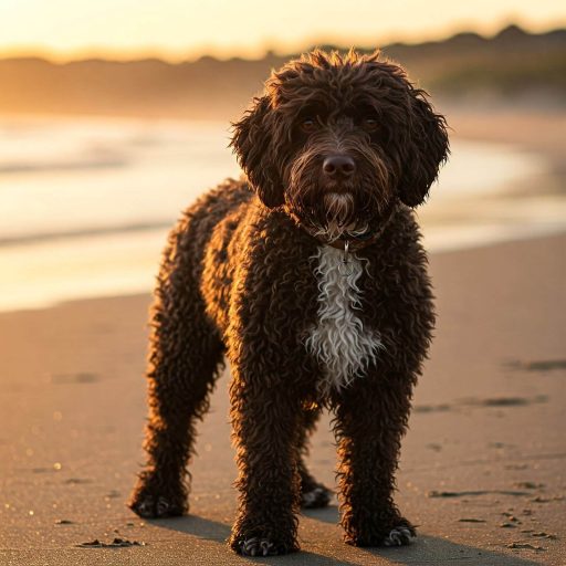 Portuguese water dog on beach Portuguese water dog on the beach