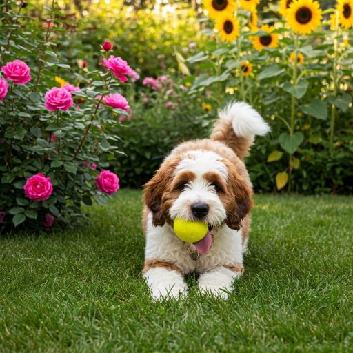 Saint berdoodle playing in the garden
