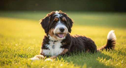 Tri-color Bernedoodle lying tri-color Bernedoodle lying on green grass in the warm afternoon sun, looking to the side with its tongue out and tail relaxed. The soft lighting highlights its fluffy coat and calm expression.