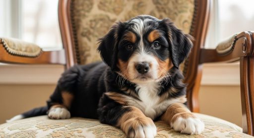 Tri-color Bernedoodle puppy Tri-color Bernedoodle puppy lying on an ornate upholstered chair, looking directly at the camera with a calm, curious expression indoors.