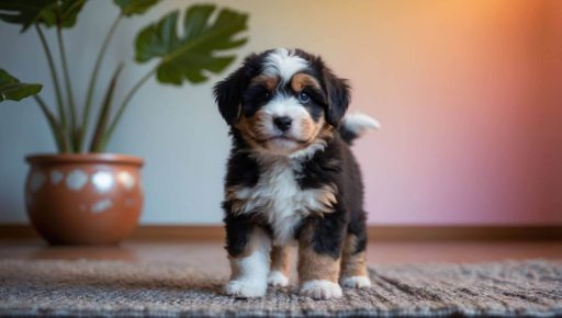 Tri-color bernedoodle puppy standing Adorable tri-color Bernedoodle puppy standing on a textured rug indoors, with a potted plant and soft gradient lighting in the background. The pup has a fluffy coat and a curious, gentle expression.