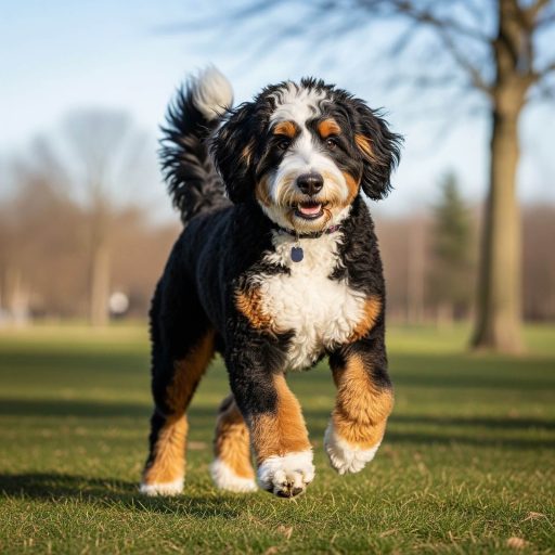 A tricolor Bernedoodle dog, mostly black with white and tan markings is jumping on green grass in a park.