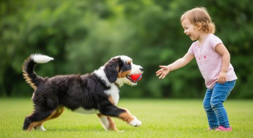 Young girl reaching out with a smile as a tricolor Bernedoodle puppy approaches her with a red ball in its mouth on a grassy field. 
