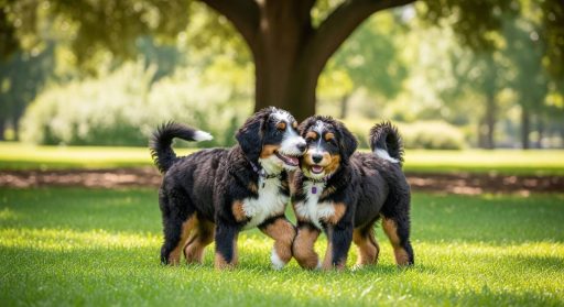 Two tricolor Bernedoodle puppies playing together on a sunlit grassy field, standing close with happy expressions under the shade of a large tree.