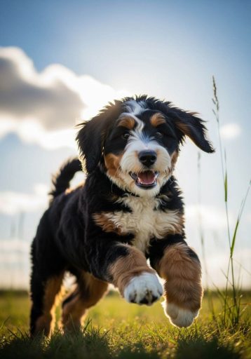 Tricolor Bernedoodle puppy jumping through a grassy field with its tongue out, backlit by a soft sunset sky with scattered clouds.