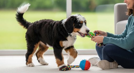 Tricolor Bernedoodle puppy playing tug-of-war with its owner indoors, holding a colorful rope toy between them on a soft carpeted floor near a large window.