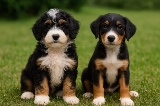 side-by-side of two Bernedoodle puppies; the furnished pup has a fluffy face with curly hair, while the unfurnished pup has a smooth face with short, straight muzzle hair.