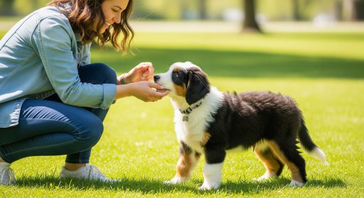 Woman crouched on grass gently socializing a young tricolor Bernedoodle puppy, offering a treat and positive interaction during outdoor training.
