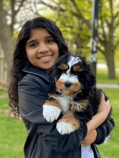 woman holding a bernedoodle puppy 1