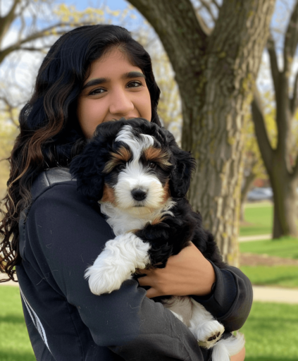 woman holding a bernedoodle puppy 2