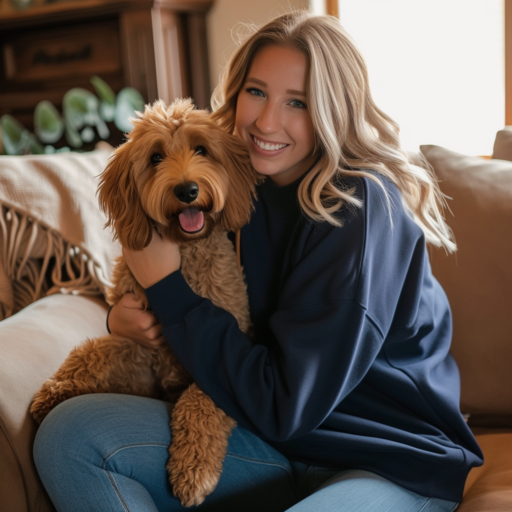 woman holding her goldendoodle dog